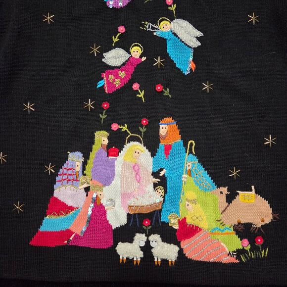 Vtg Quack Factory Nativity Baby Jesus Christmas Holiday Black Sweater 2XL EUC - Picture 3 of 8